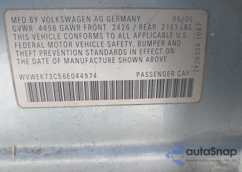 2006 Volkswagen Passat 2.0T from USA, damaged, VIN WVWEK73C56E044974